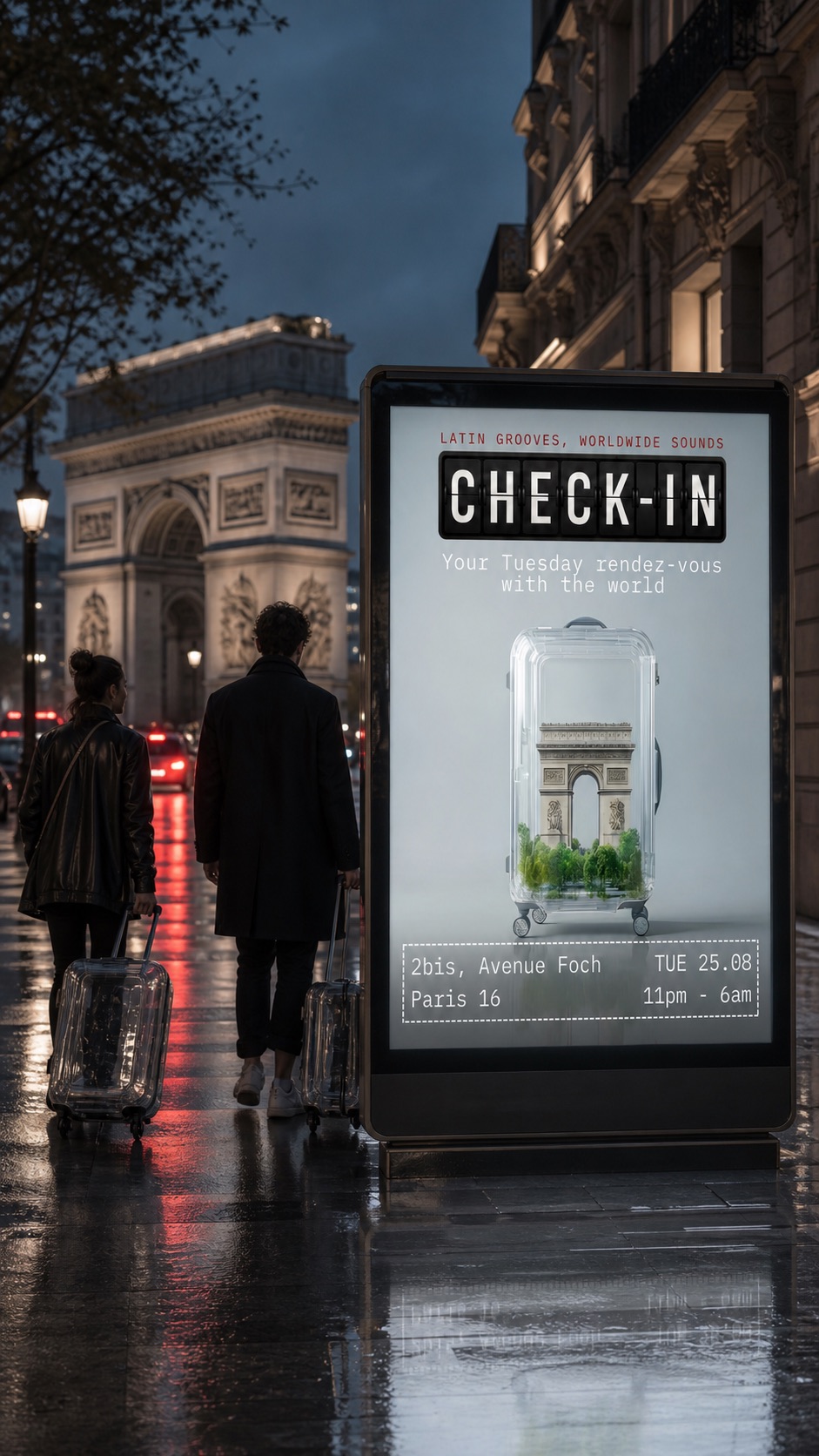 CHECK-IN campaign poster near the Arc de Triomphe